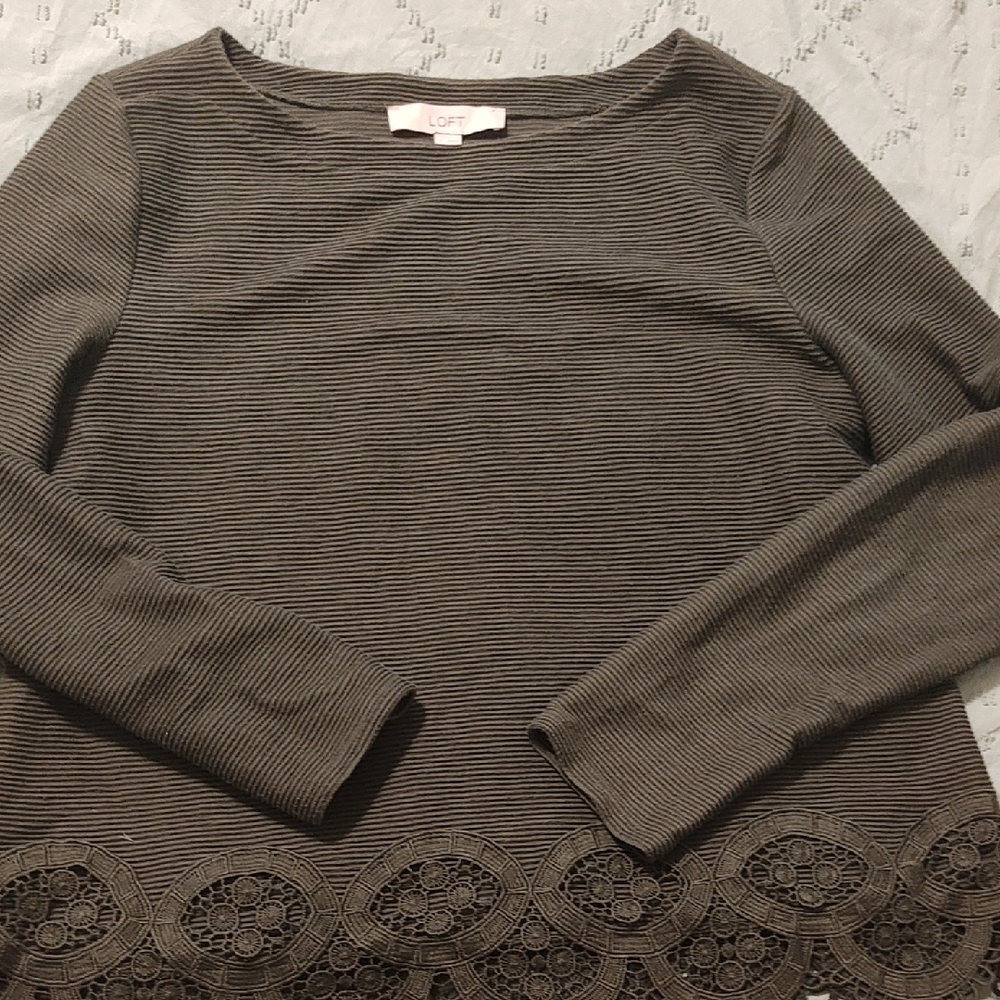LOFT Green Long Sleeve Top with Lace Detail